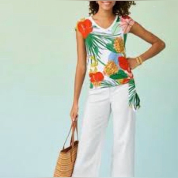 Talbots Tropical Print Floral V-Neck Top with Side Tie - Picture 2 of 6